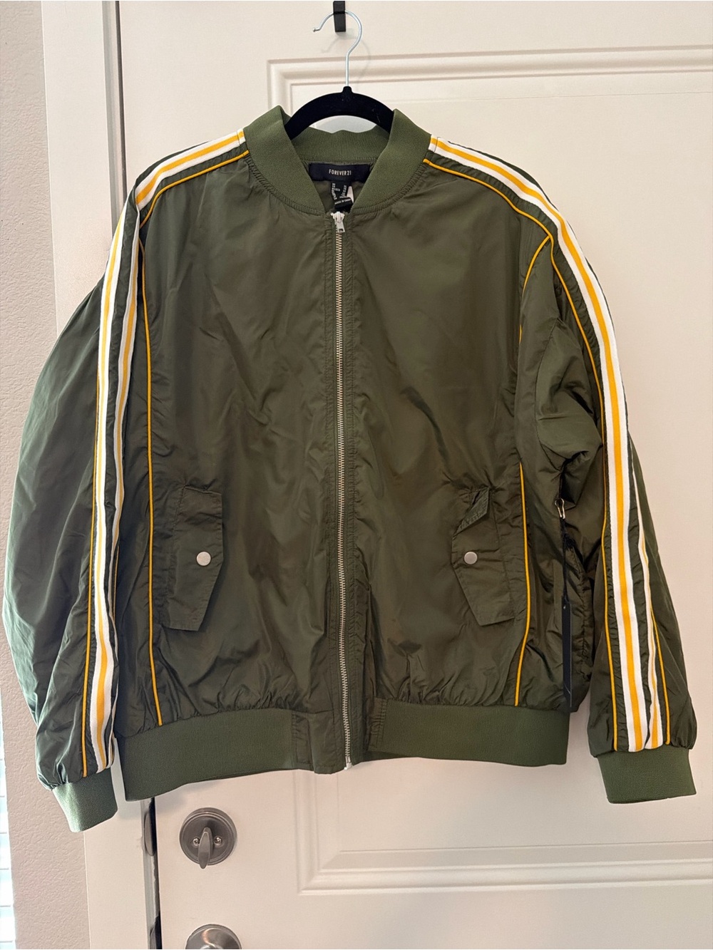 Forever 21 Olive Green Puffer Jacket with Yellow & White Stripes
